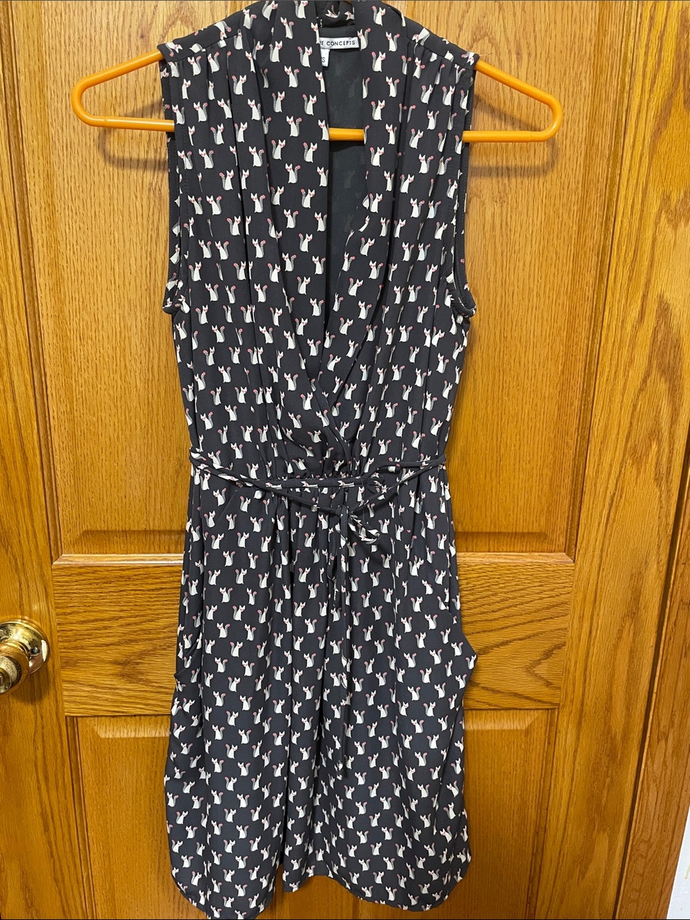 Collective Concepts Sleeveless Wrap-Style dress with White & Pink Cat Print